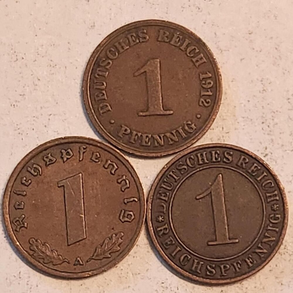 LOT OF THREE
Germany 1 Reichspfennig coins.
-...